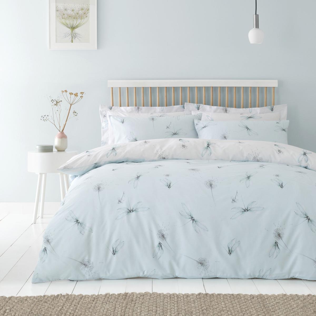 Dragonflies Seafoam Reversible Duvet Cover and Pillowcase Set Blue – image 1