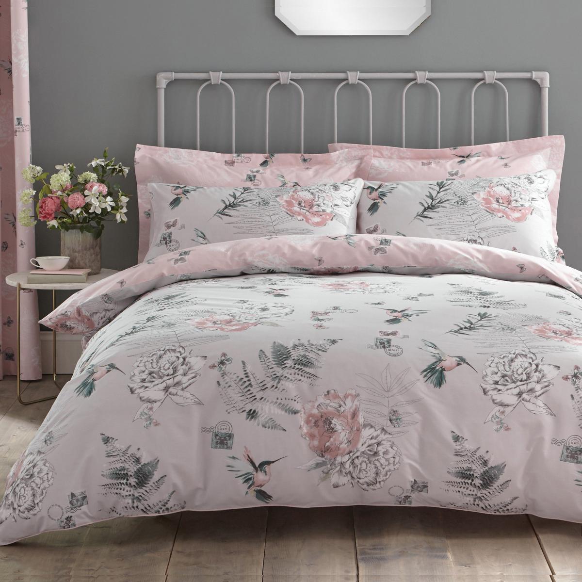Heavenly Hummingbird Grey & Blush Duvet Cover and Pillowcase Set Grey and Pink – image 1