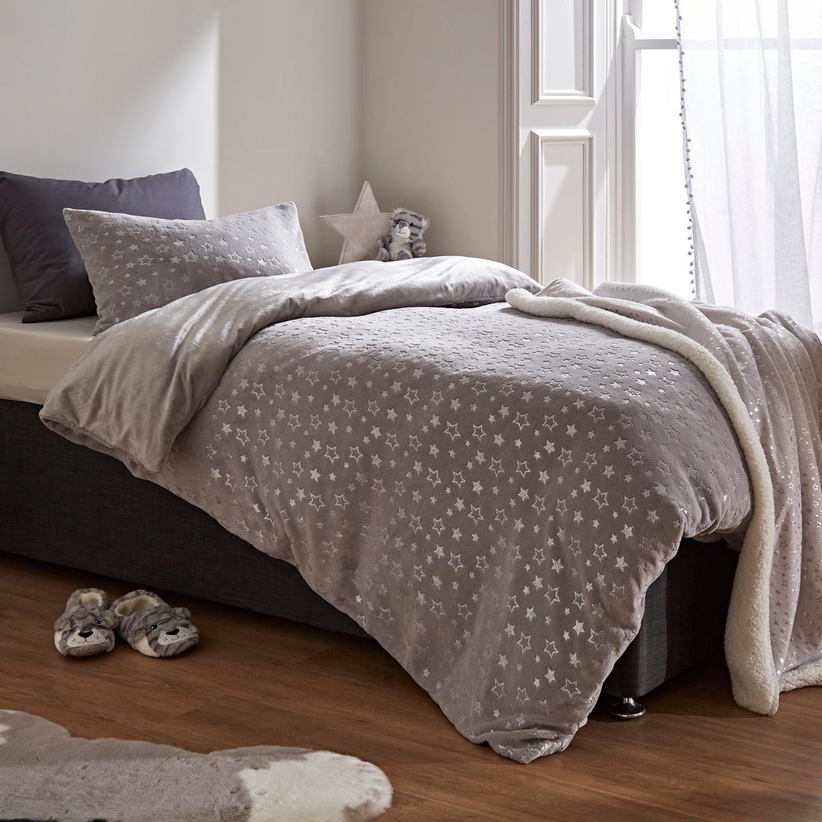 Grey Foil Stars Fleece Duvet Cover and Pillowcase Set Grey – image 2