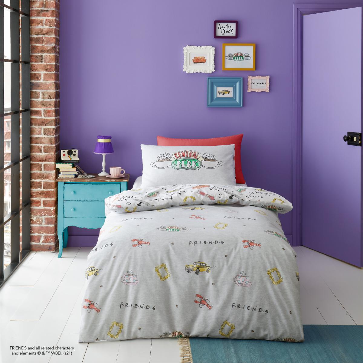 Friends 100% Cotton Reversible Duvet Cover and Pillowcase Set Grey/Red/Yellow – image 2