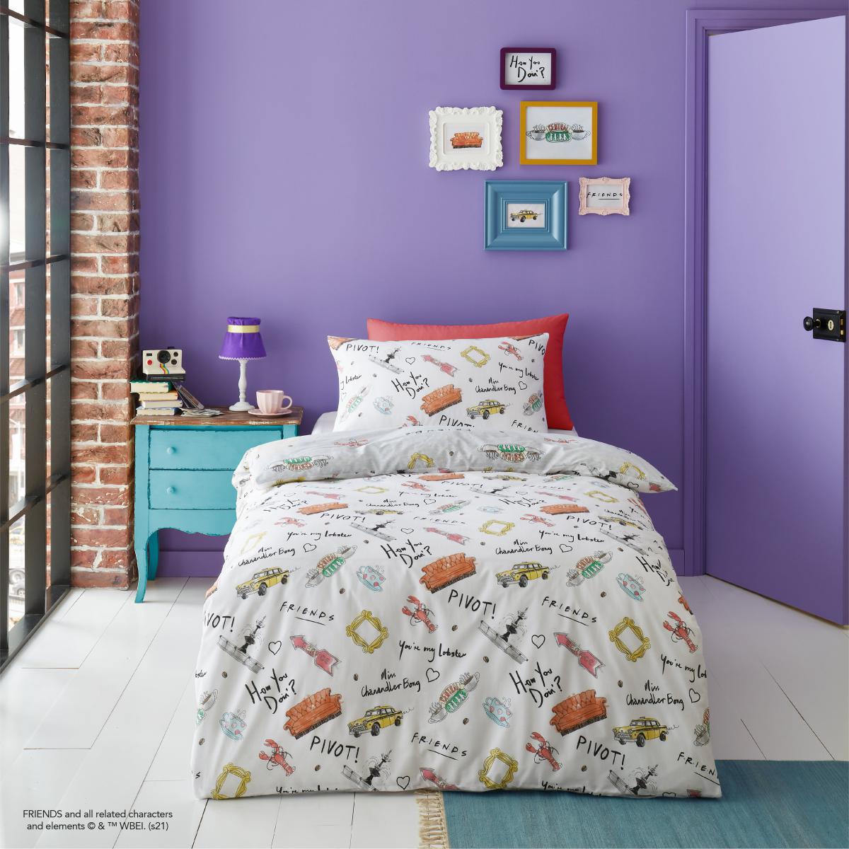 Friends 100% Cotton Reversible Duvet Cover and Pillowcase Set Grey/Red/Yellow – image 3