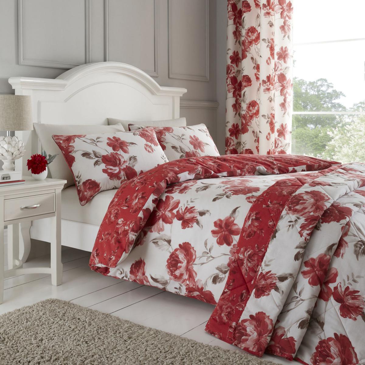 Catherine Lansfield Painted Floral Red Reversible Duvet Cover and Pillowcase Set Red – image 1