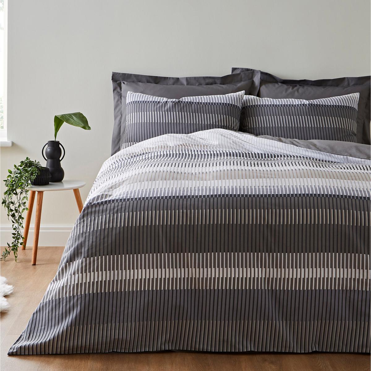 Elements Otis Grey Striped 100% Cotton Reversible Duvet Cover and Pillowcase Set Light Grey – image 1