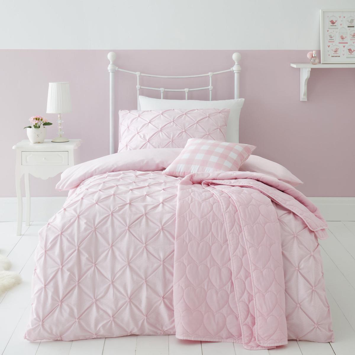 Pintuck Pink Polka Dot 100% Cotton Duvet Cover and Pillowcase Set Pink – image 1