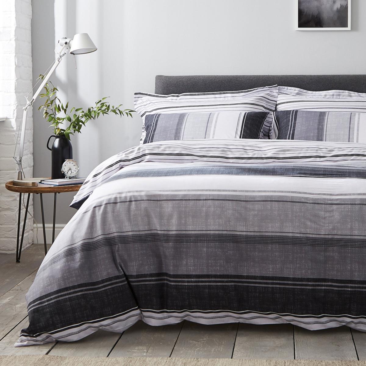 Ellis Grey Stripe Reversible Duvet Cover and Pillowcase Set Grey and White – image 1