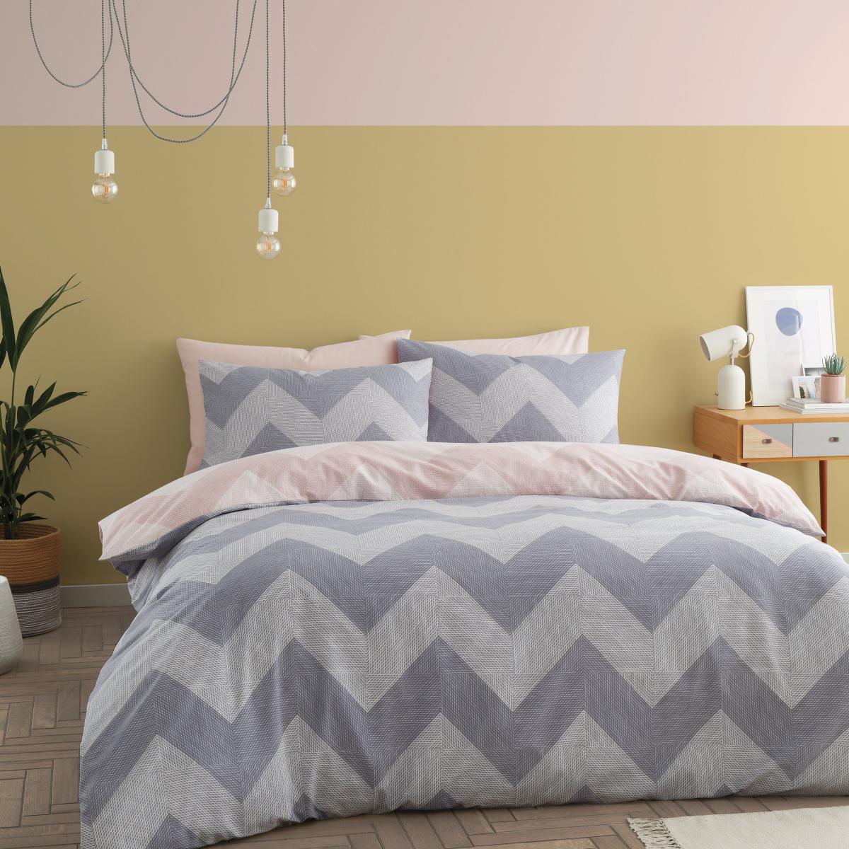 Catherine Lansfield Chevron Geo Pink and Grey Duvet Cover and Pillowcase Set Twin Pack Light Pink – image 2