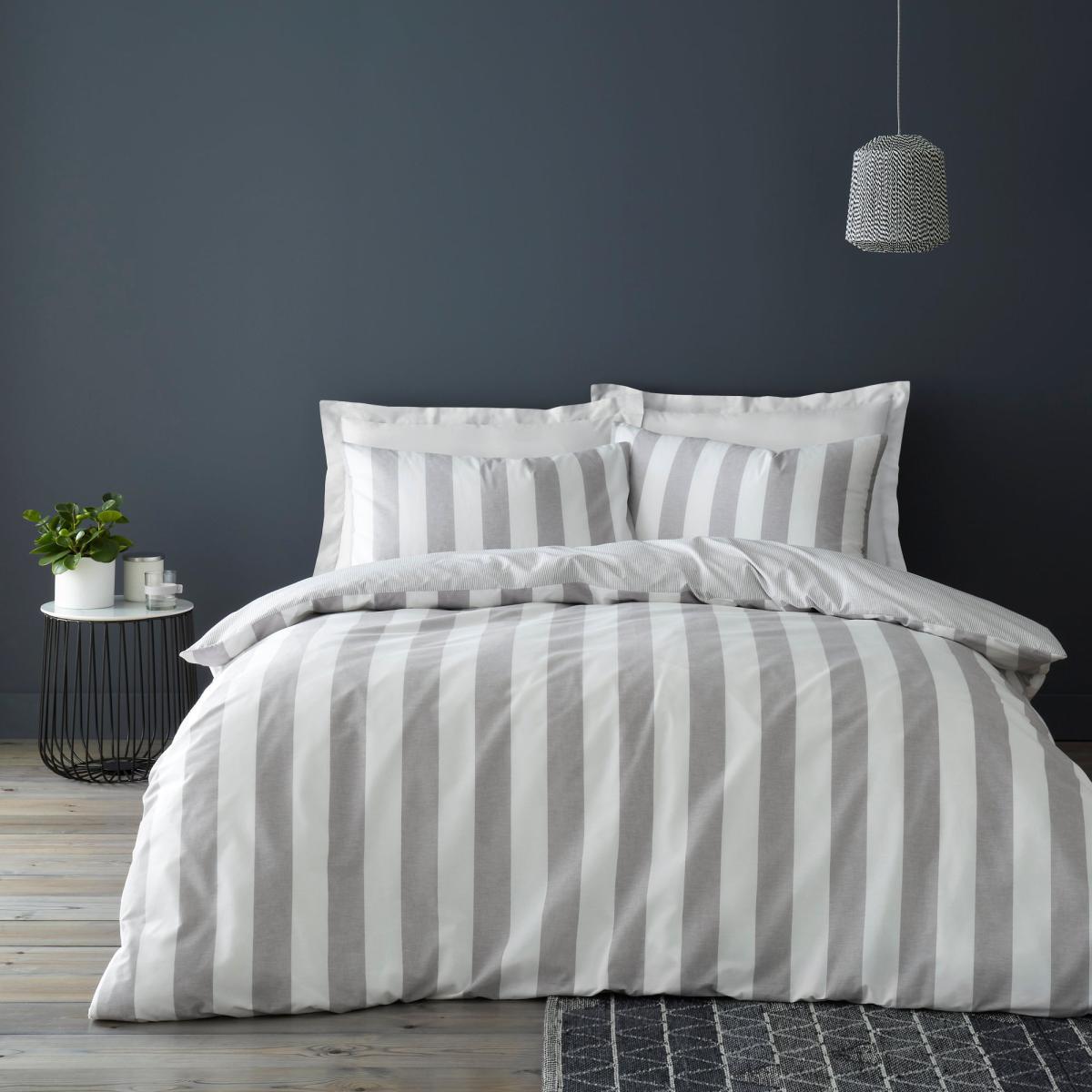 Holmes Steeple Grey Striped 100% Cotton Reversible Duvet Cover and Pillowcase Set Light Grey – image 1