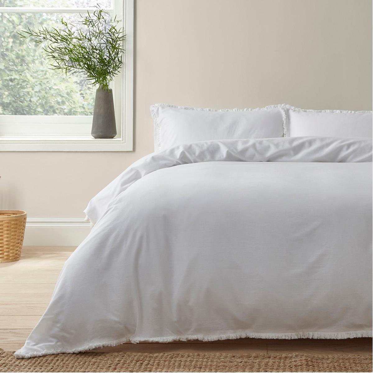 Bridget White Fringed 100% Cotton Duvet Cover and Pillowcase Set White – image 1