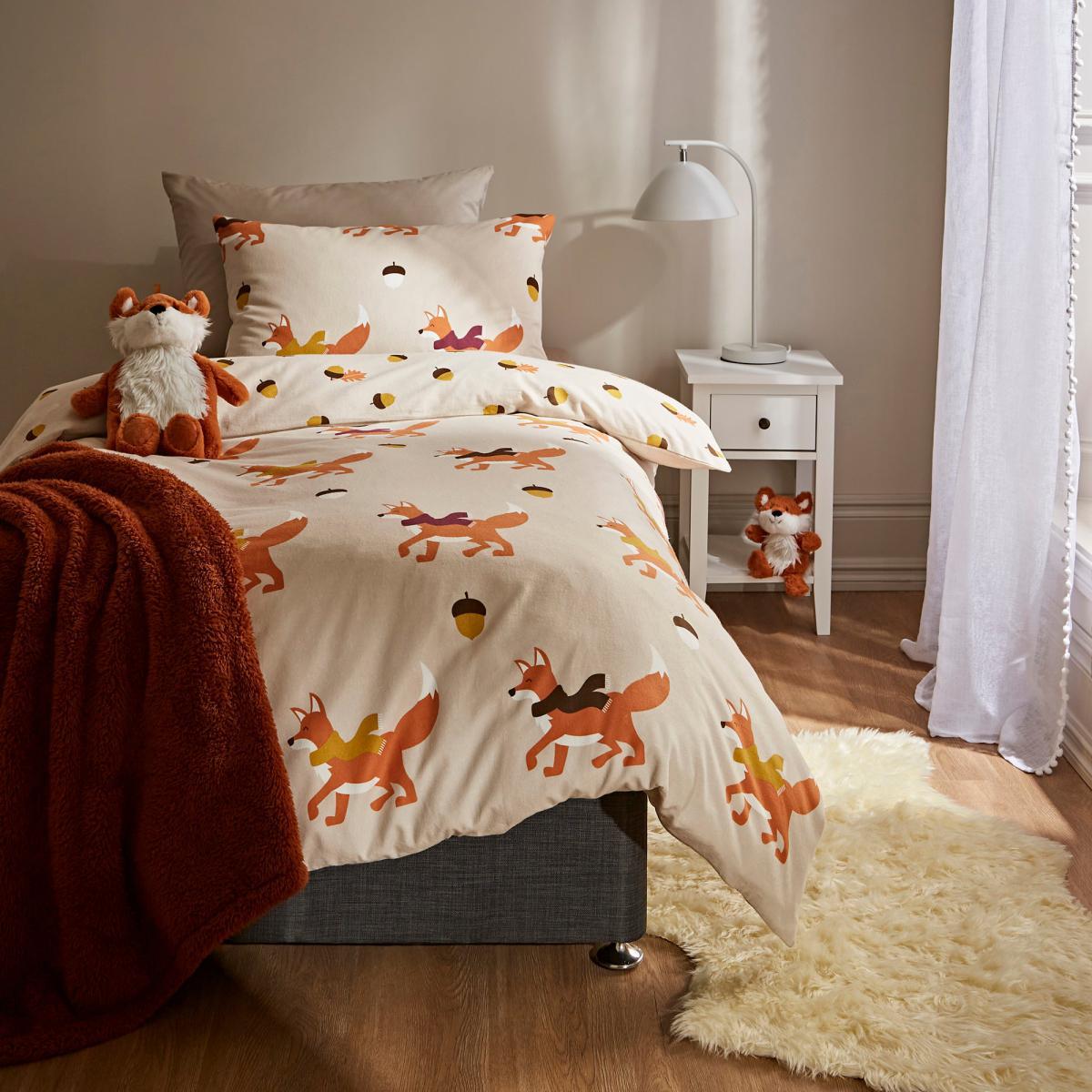 Fox 100% Brushed Cotton Reversible Duvet Cover and Pillowcase Set Natural (Grey) – image 1