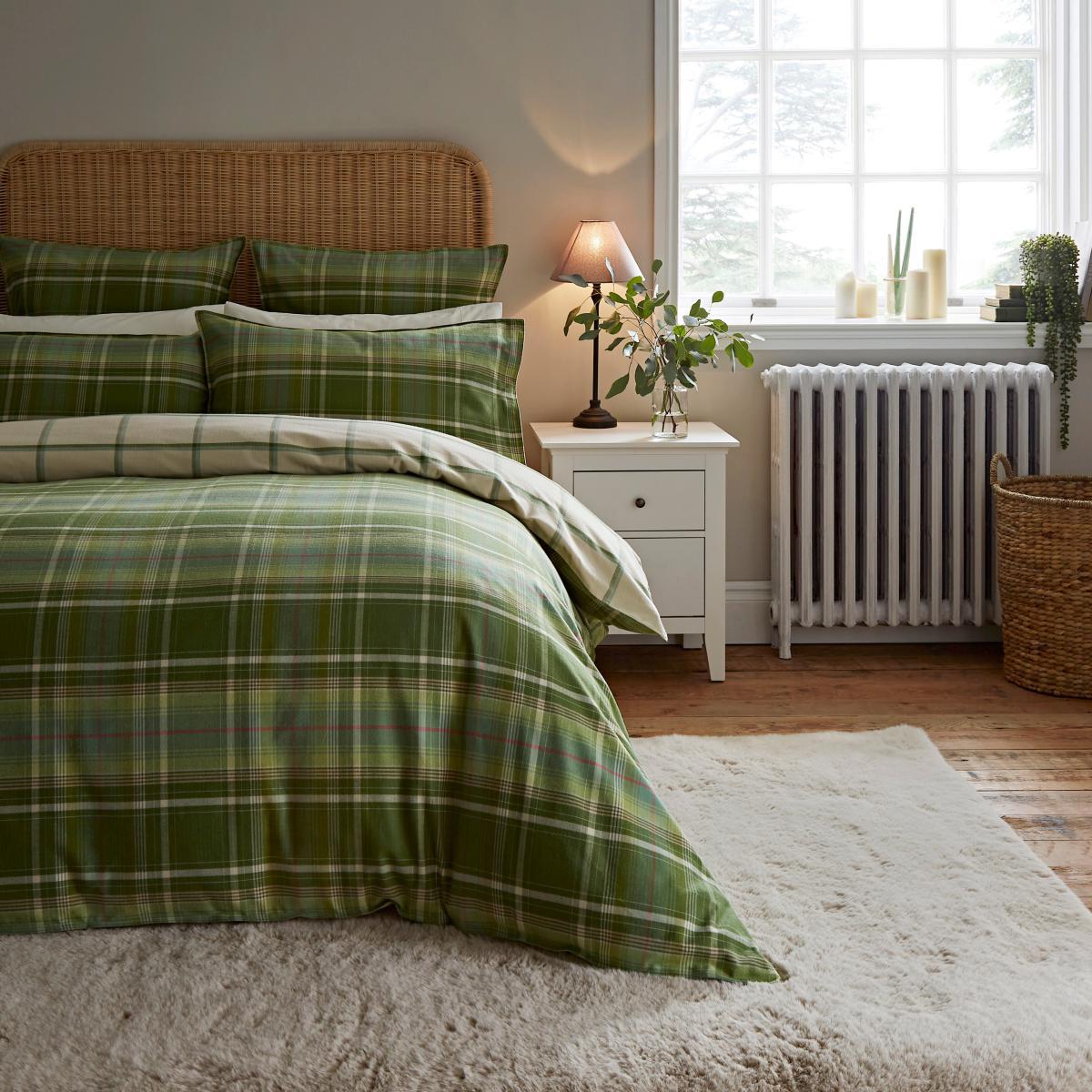 Dorma Angus Check 100% Brushed Cotton Duvet Cover and Pillowcase Set Green – image 2