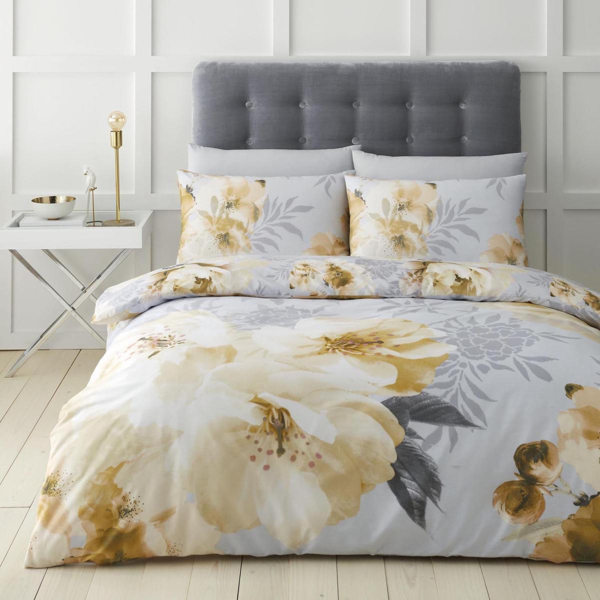 Catherine Lansfield Dramatic Floral Ochre Duvet Cover and Pillowcase Set Yellow and Blue – image 1