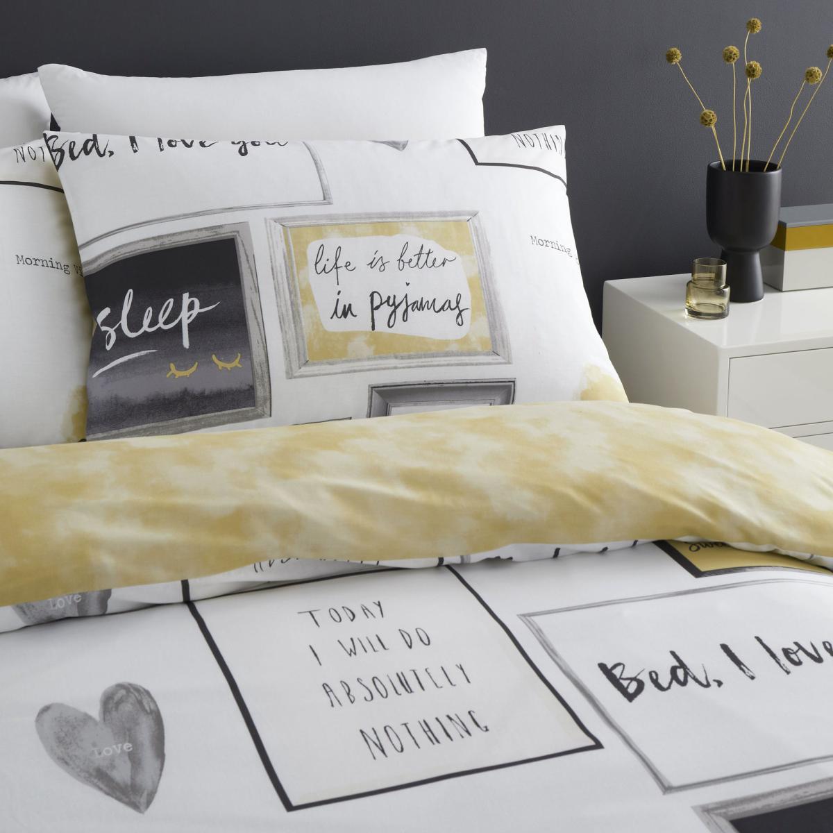 Catherine Lansfield Sleep Dreams Ochre Reversible Duvet Cover and Pillowcase Set Black and white – image 2
