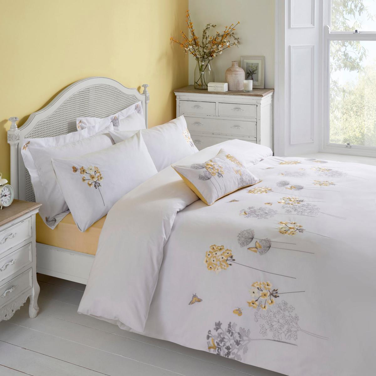 Hydrangea Floral Ochre Embroidered Duvet Cover and Pillowcase Set Ochre – image 4