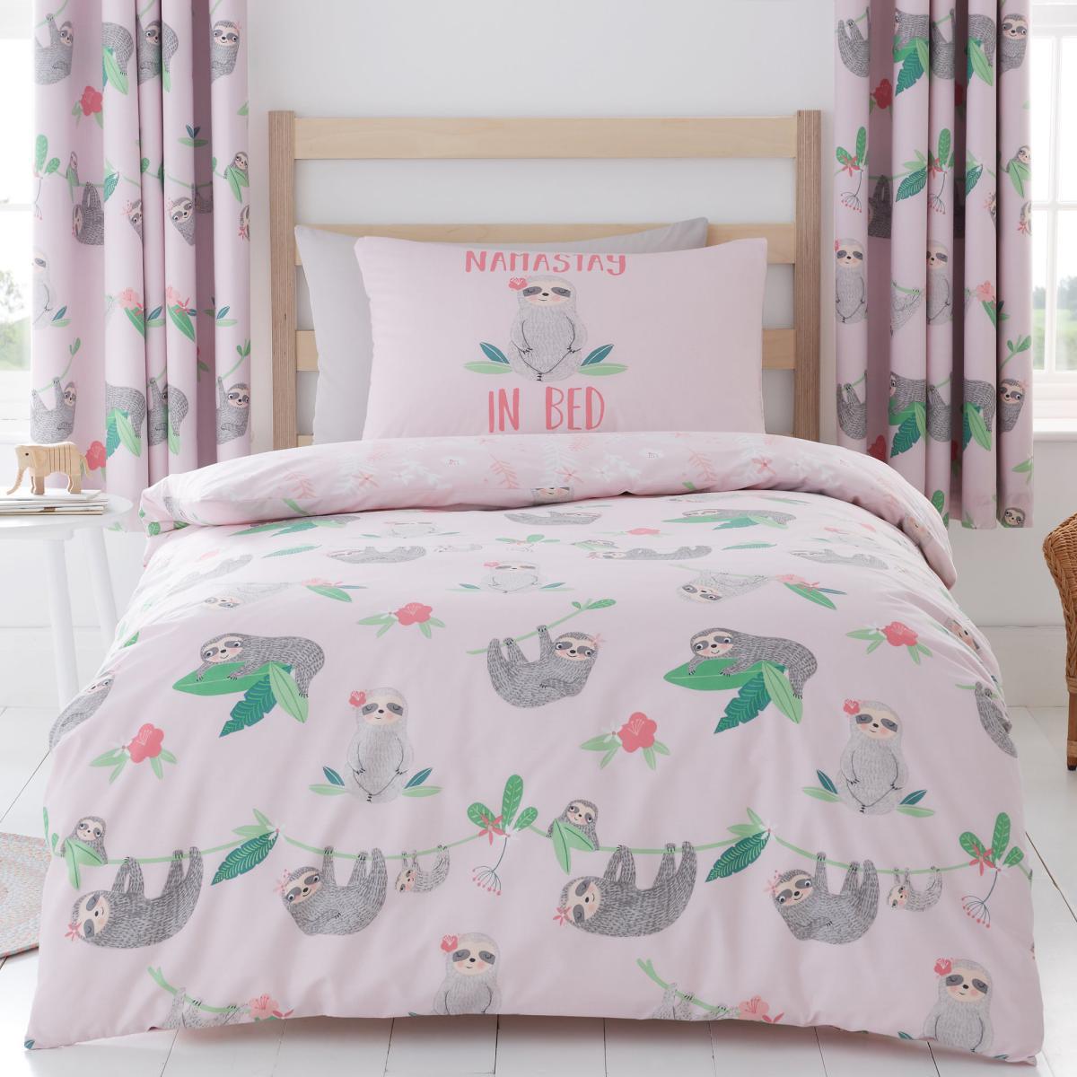 Pink Pretty Sloth Duvet Cover and Pillowcase Set Pink, Green and Grey – image 2