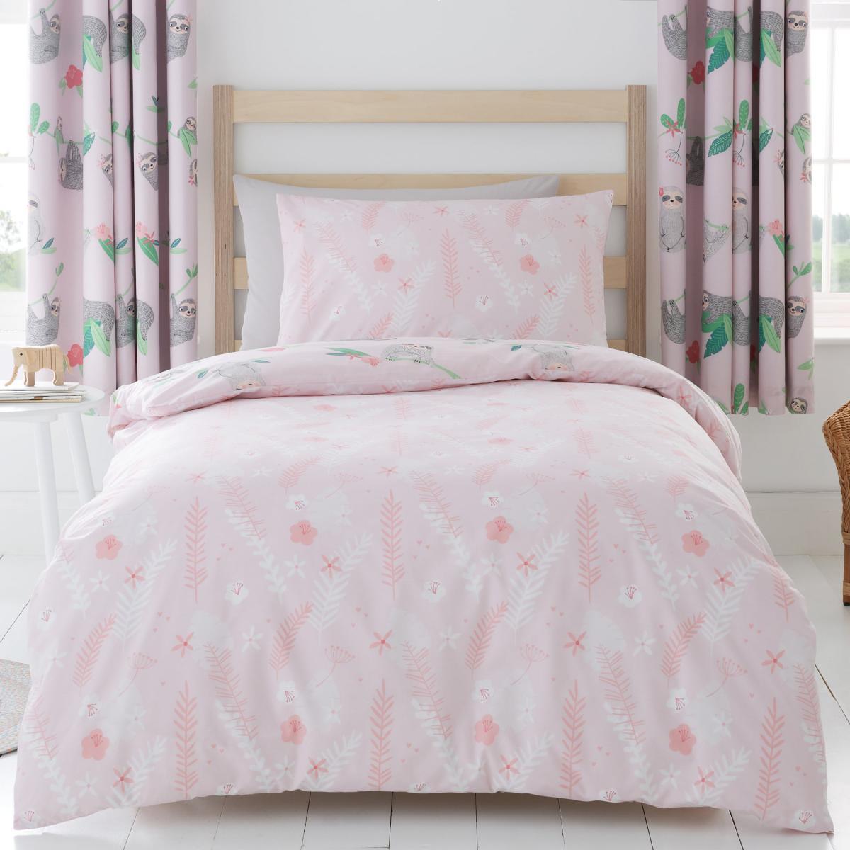 Pink Pretty Sloth Duvet Cover and Pillowcase Set Pink, Green and Grey – image 3