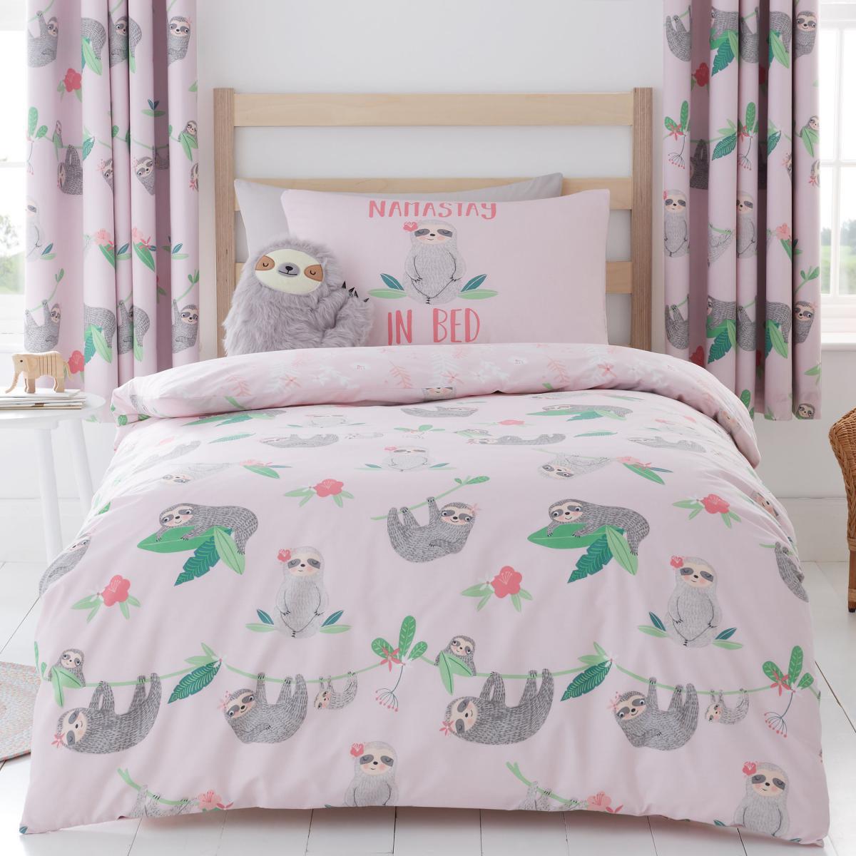 Pink Pretty Sloth Duvet Cover and Pillowcase Set Pink, Green and Grey – image 1