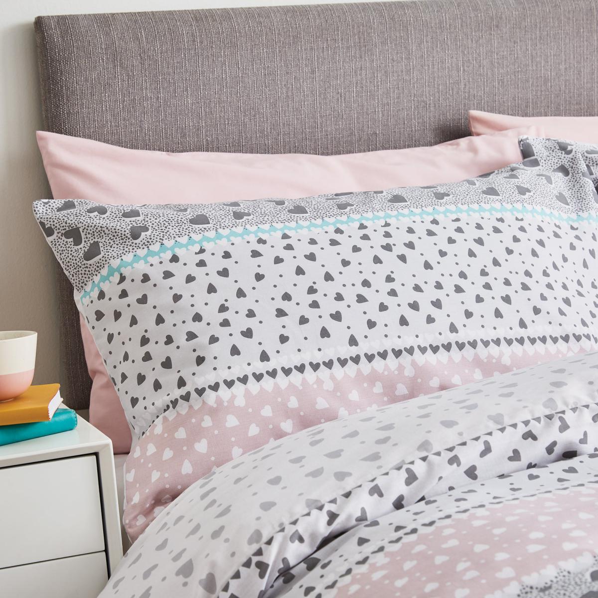 Catherine Lansfield Banded Ditsy Heart Grey and Blush Duvet Cover and Pillowcase Set Blush (Pink) – image 2