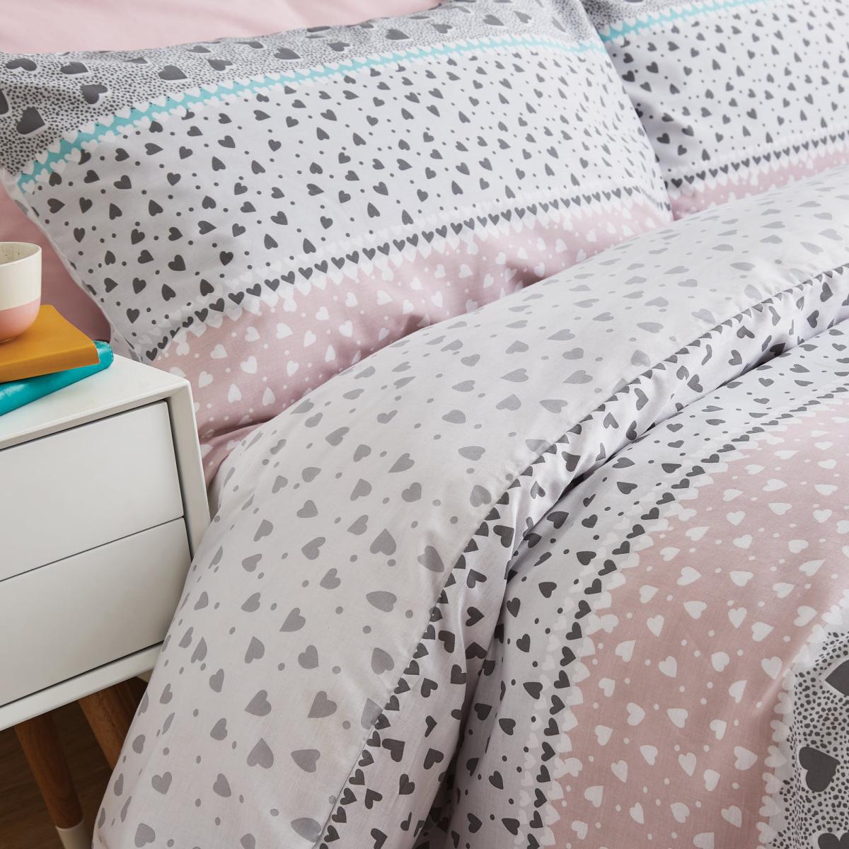 Catherine Lansfield Banded Ditsy Heart Grey and Blush Duvet Cover and Pillowcase Set Blush (Pink) – image 3
