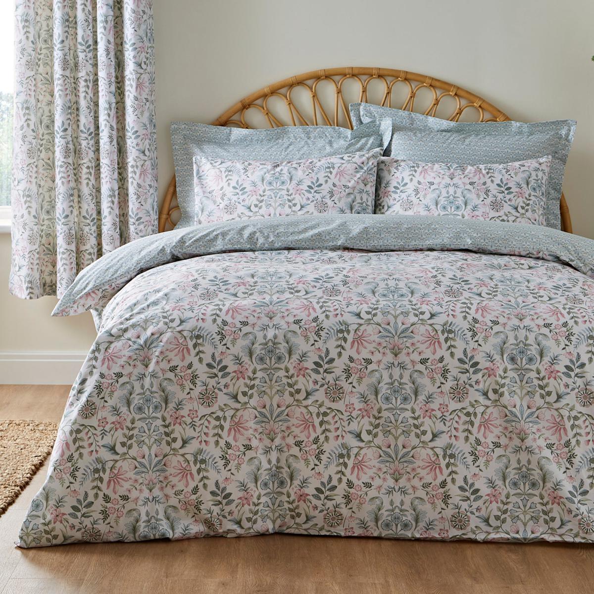 Dorothy Floral Green 100% Cotton Reversible Duvet Cover and Pillowcase Set Light Green – image 2