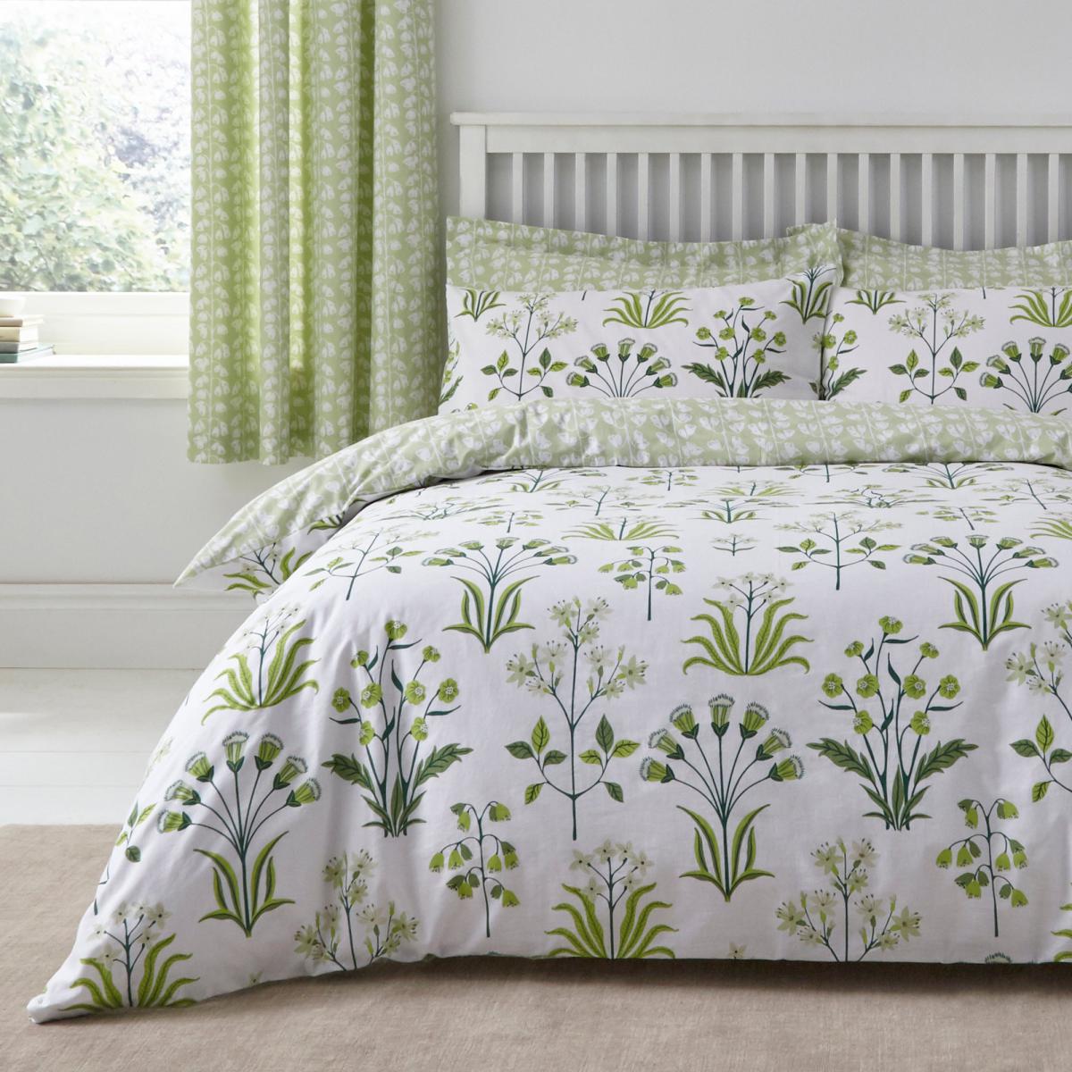Florentina Green 100% Cotton Reversible Duvet Cover and Pillowcase Set Green and White – image 1