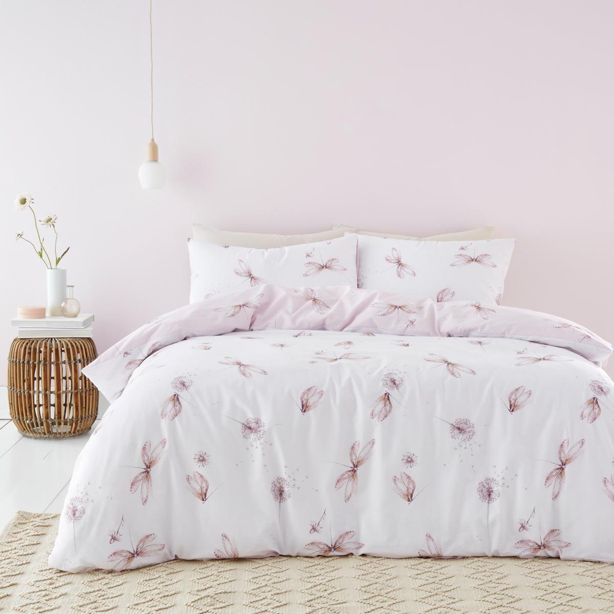 Dragonflies Pink 100% Cotton Duvet Cover and Pillowcase Set Pink – image 1