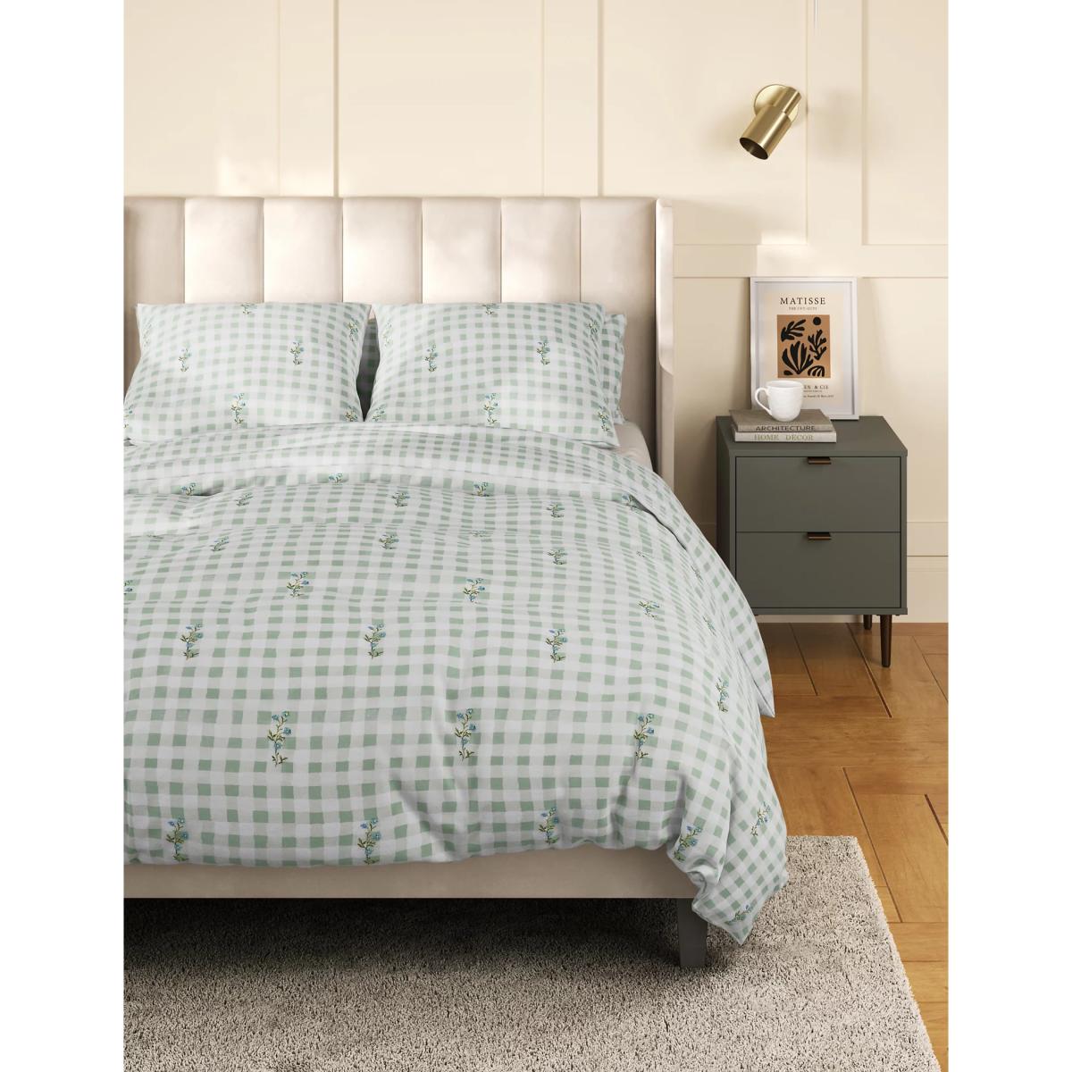 M&S Cotton Rich Gingham Floral Bedding Set - 5FT - Green Mix, Green Mix – image 1