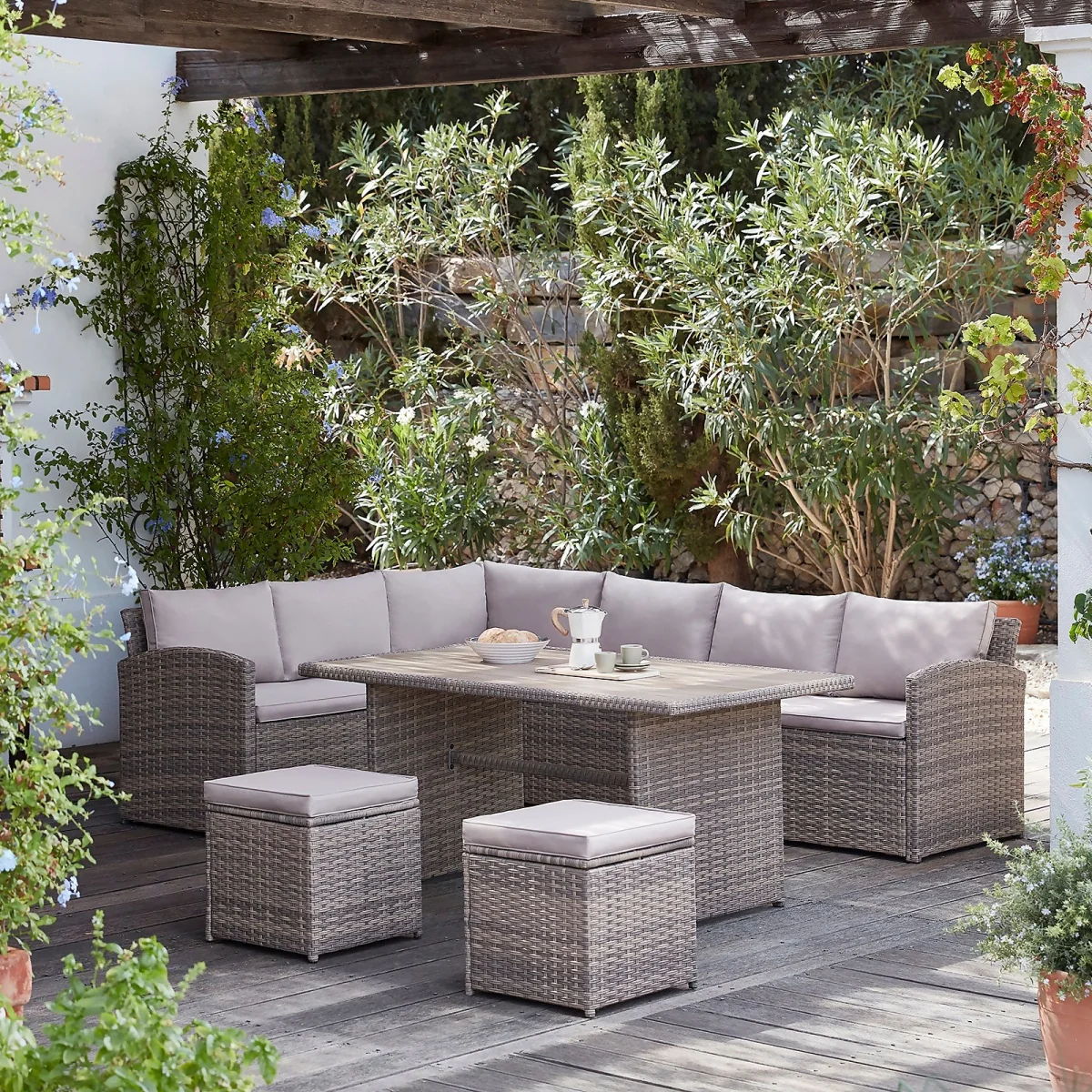Matara Rattan Effect Garden Corner Sofa Dining Set - Natural