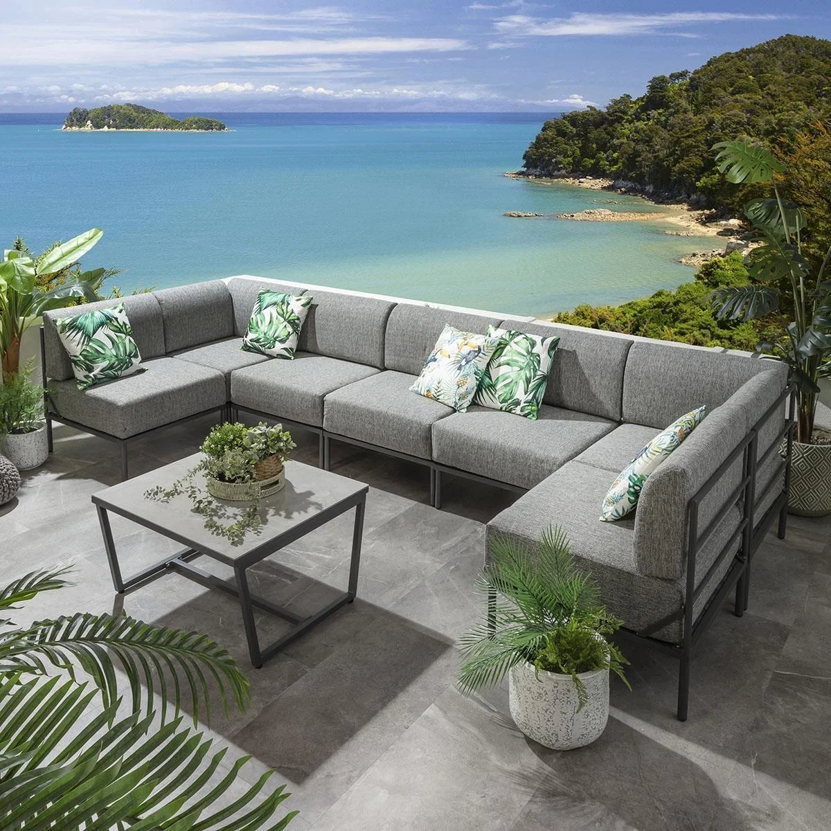 Modern Garden U-Shape Corner Sofa 6 Seat Outdoor Patio Grey Aluminium – image 1