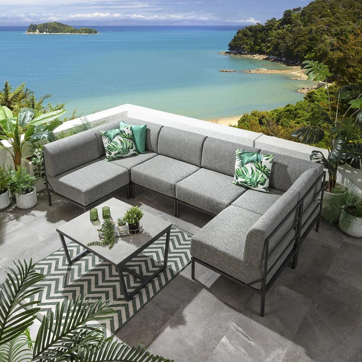 Large Garden U-Shape Corner Sofa 6 Seat Outdoor Patio Grey Aluminium – image 2