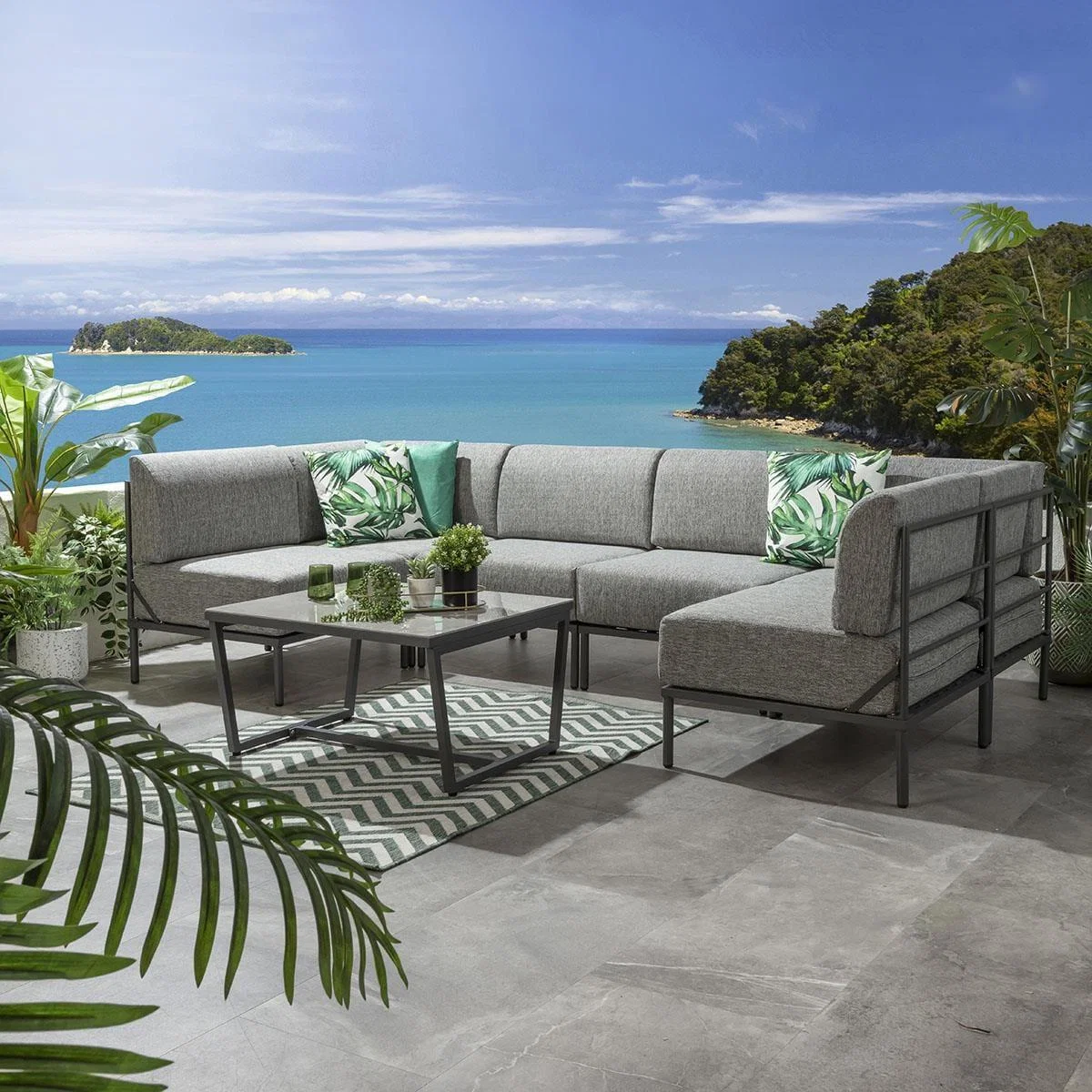 Large Garden U-Shape Corner Sofa 6 Seat Outdoor Patio Grey Aluminium – image 4
