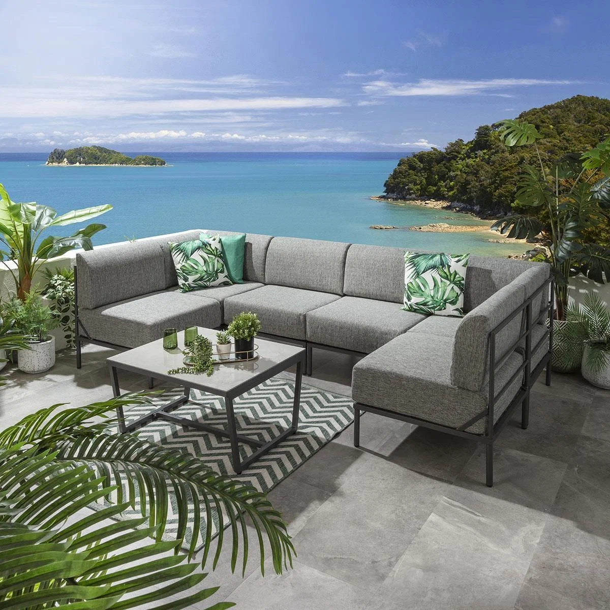Large Garden U-Shape Corner Sofa 6 Seat Outdoor Patio Grey Aluminium – image 1