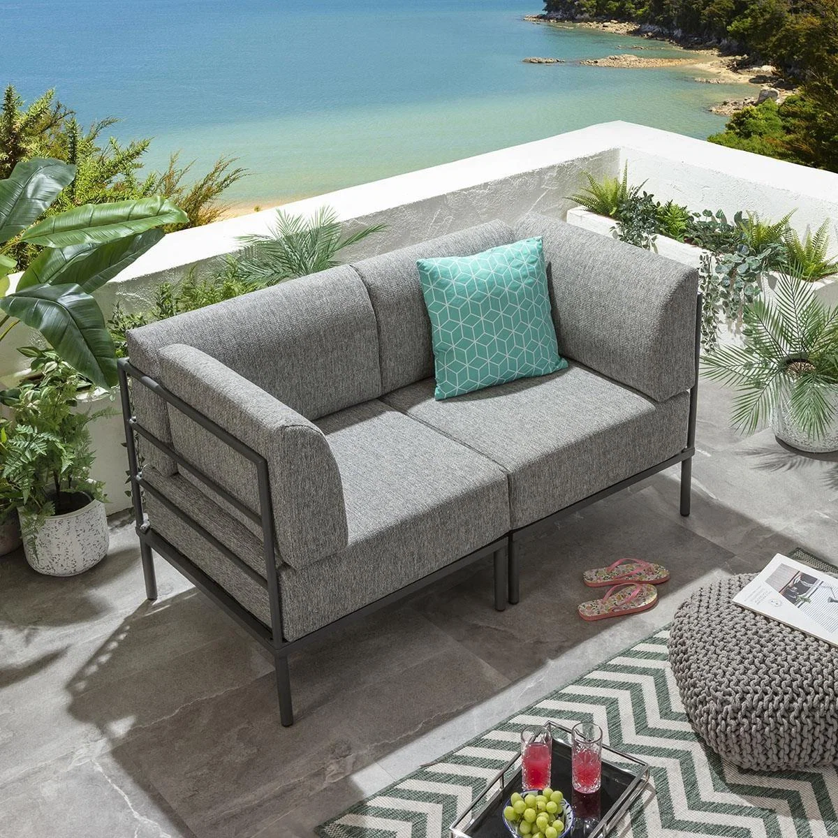 Modular Small Garden Sofa 2 Seat Outdoor Patio Modern Grey Aluminium – image 4