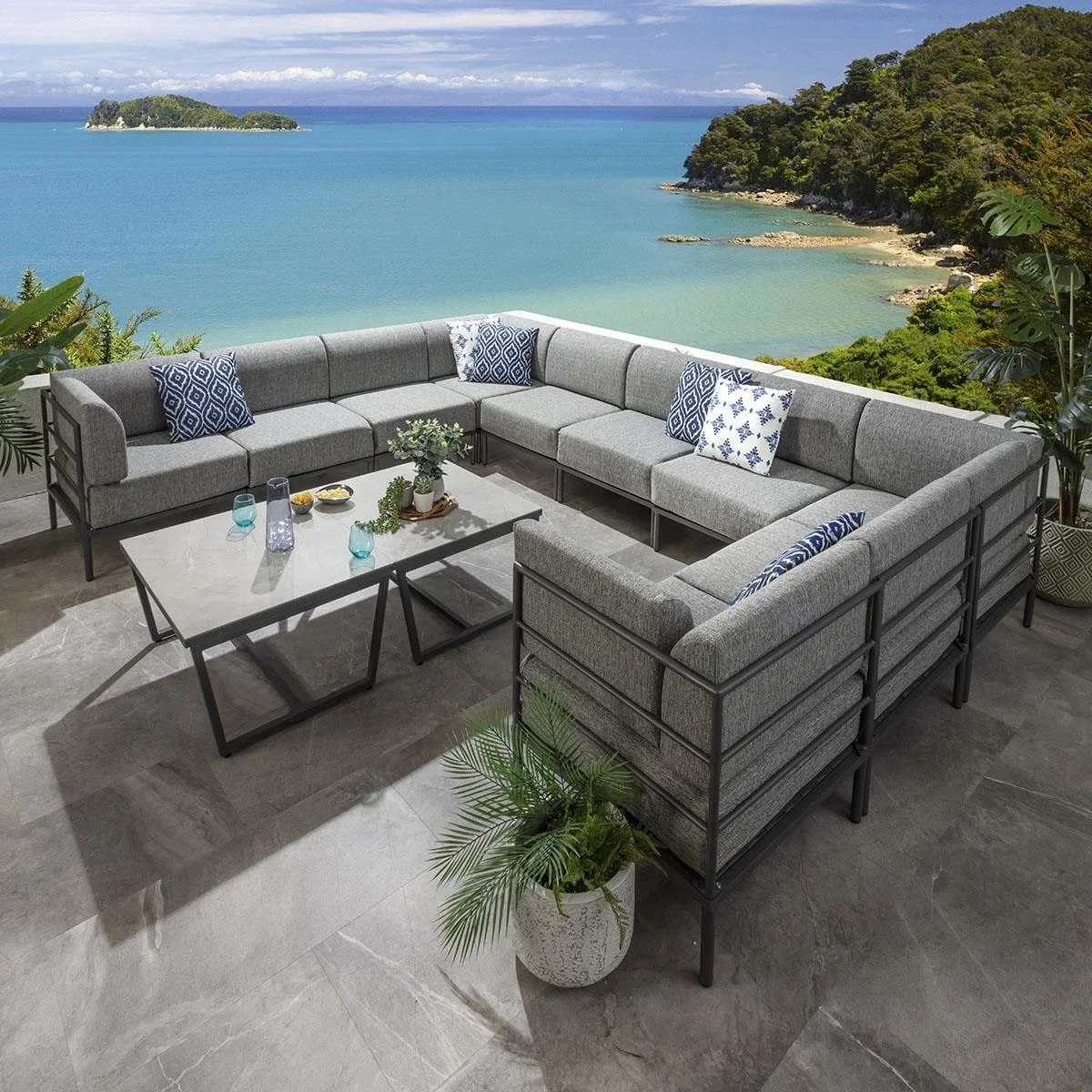 Large Garden U-Shape Corner Sofa 10 Seat Outdoor Patio Grey Aluminium – image 1