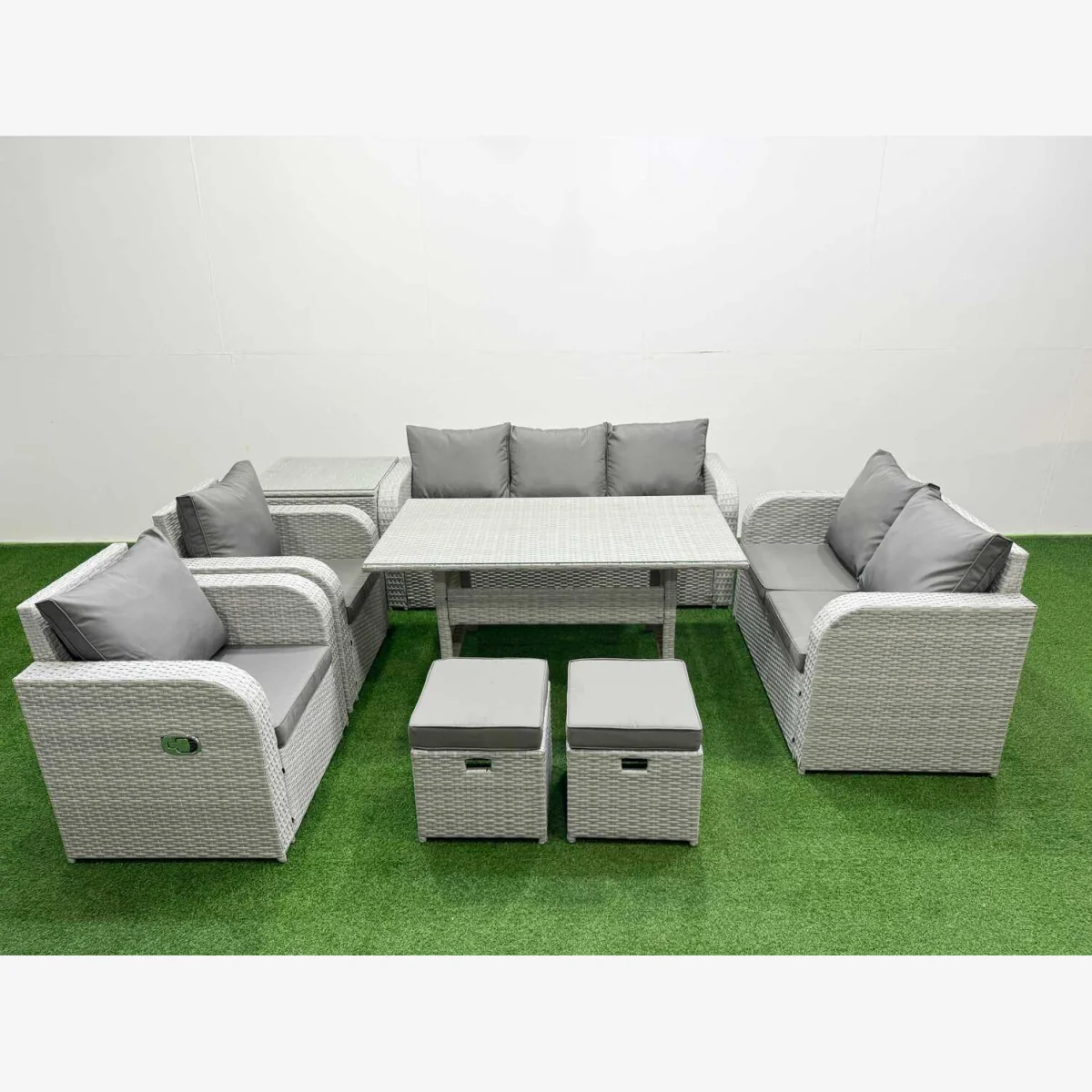 Fimous PE Rattan Garden Furniture Set, 9-Seater Reclining Sofa and Dining Table, Light Grey. - Light Grey – image 1