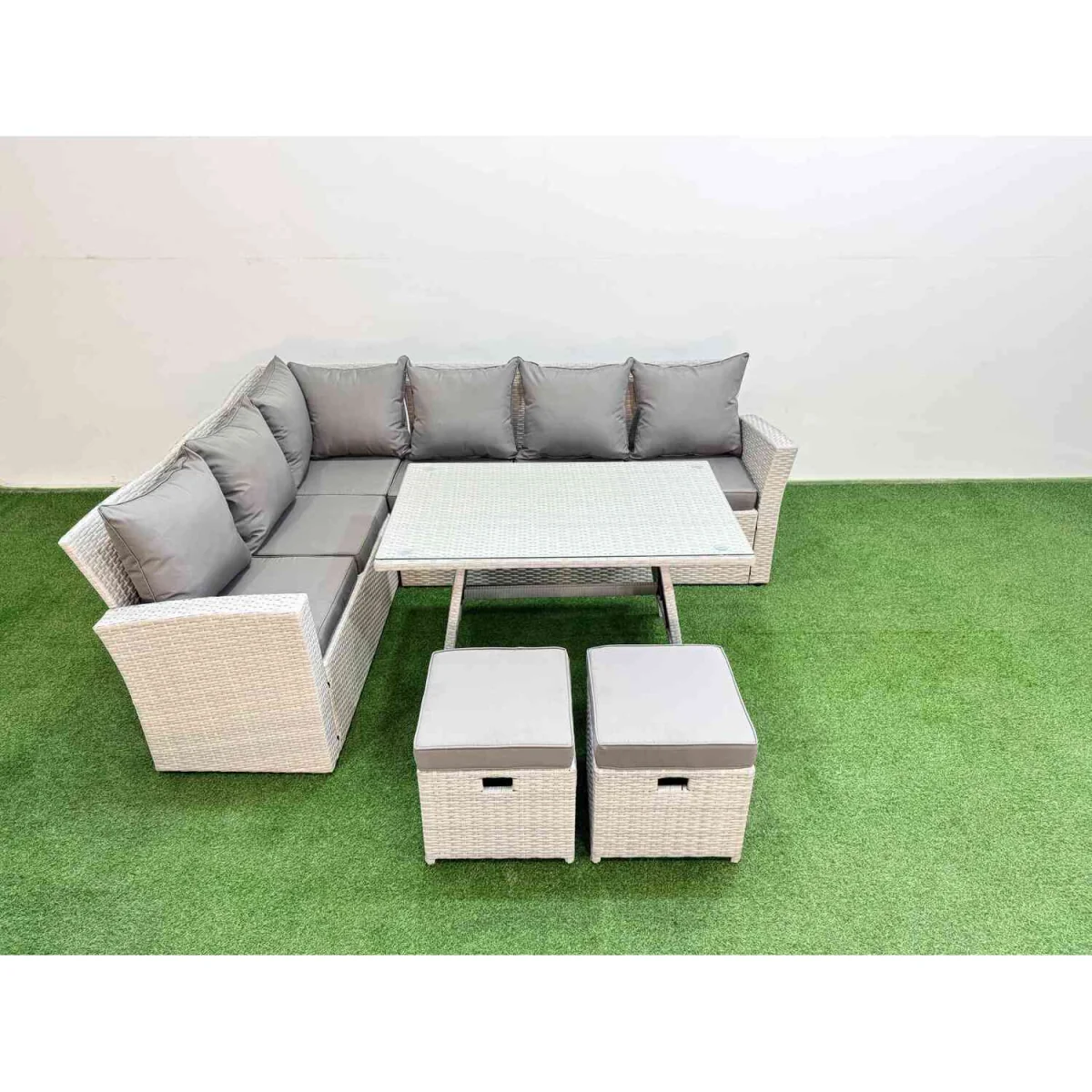 Fimous 8-Seater Outdoor Rattan Corner Sofa & Dining Set, Light Grey Mixed - Light Grey Mixed rattan with dark grey fabric – image 5
