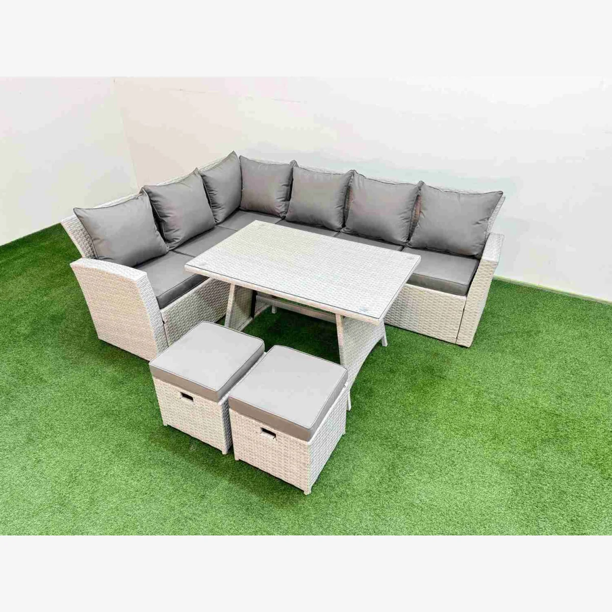 Fimous 8-Seater Outdoor Rattan Corner Sofa & Dining Set, Light Grey Mixed - Light Grey Mixed rattan with dark grey fabric – image 1