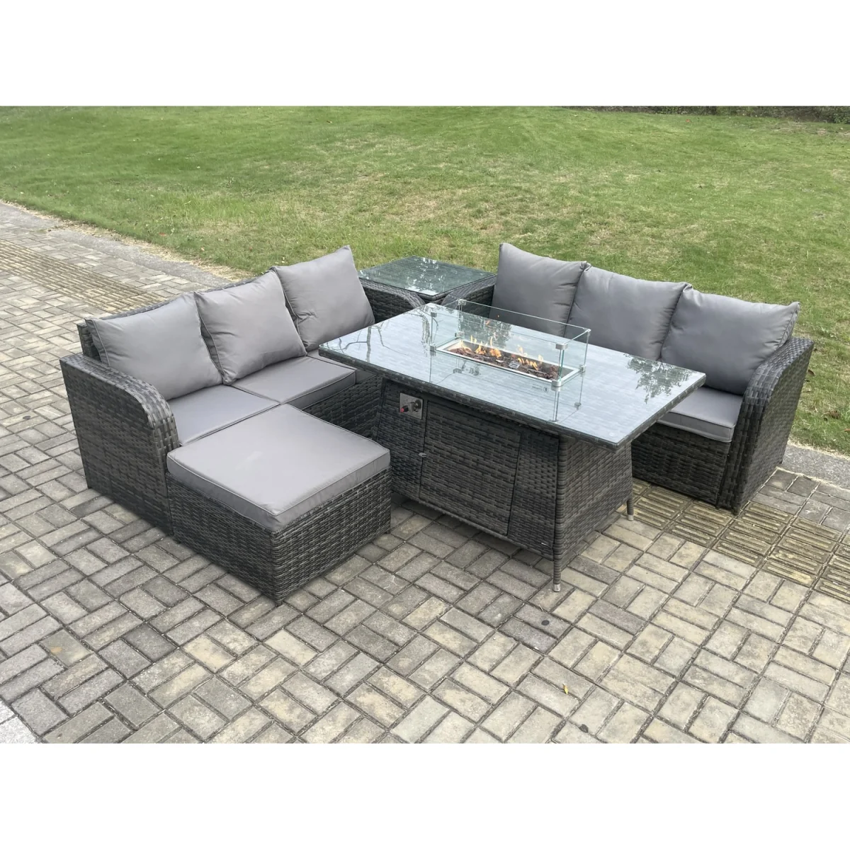 Fimous Garden Rattan Sofa and Gas Fire Pit Dining Set with Side Table and Footstool - Dark Grey – image 2