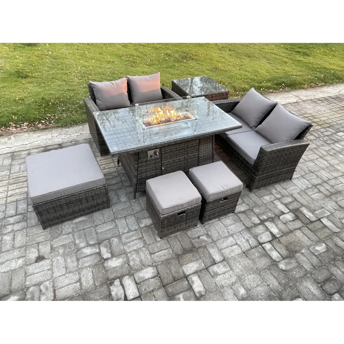 Fimous 7-Seater PE Rattan Garden Sofa & Dining Set with Gas Fire Pit and Footstools. - Dark grey mixed rattan with dark grey fabric – image 3