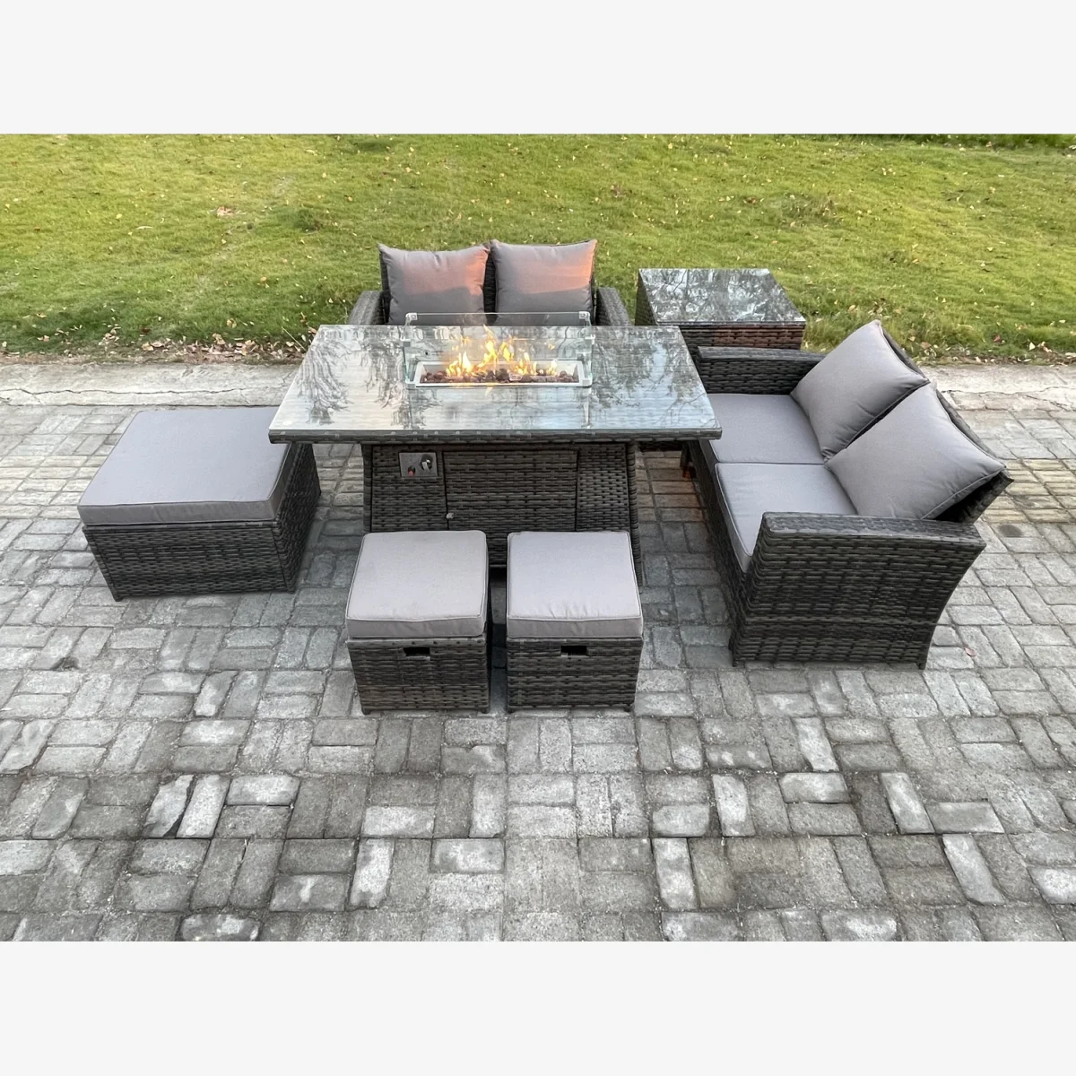 Fimous 7-Seater PE Rattan Garden Sofa & Dining Set with Gas Fire Pit and Footstools. - Dark grey mixed rattan with dark grey fabric – image 1