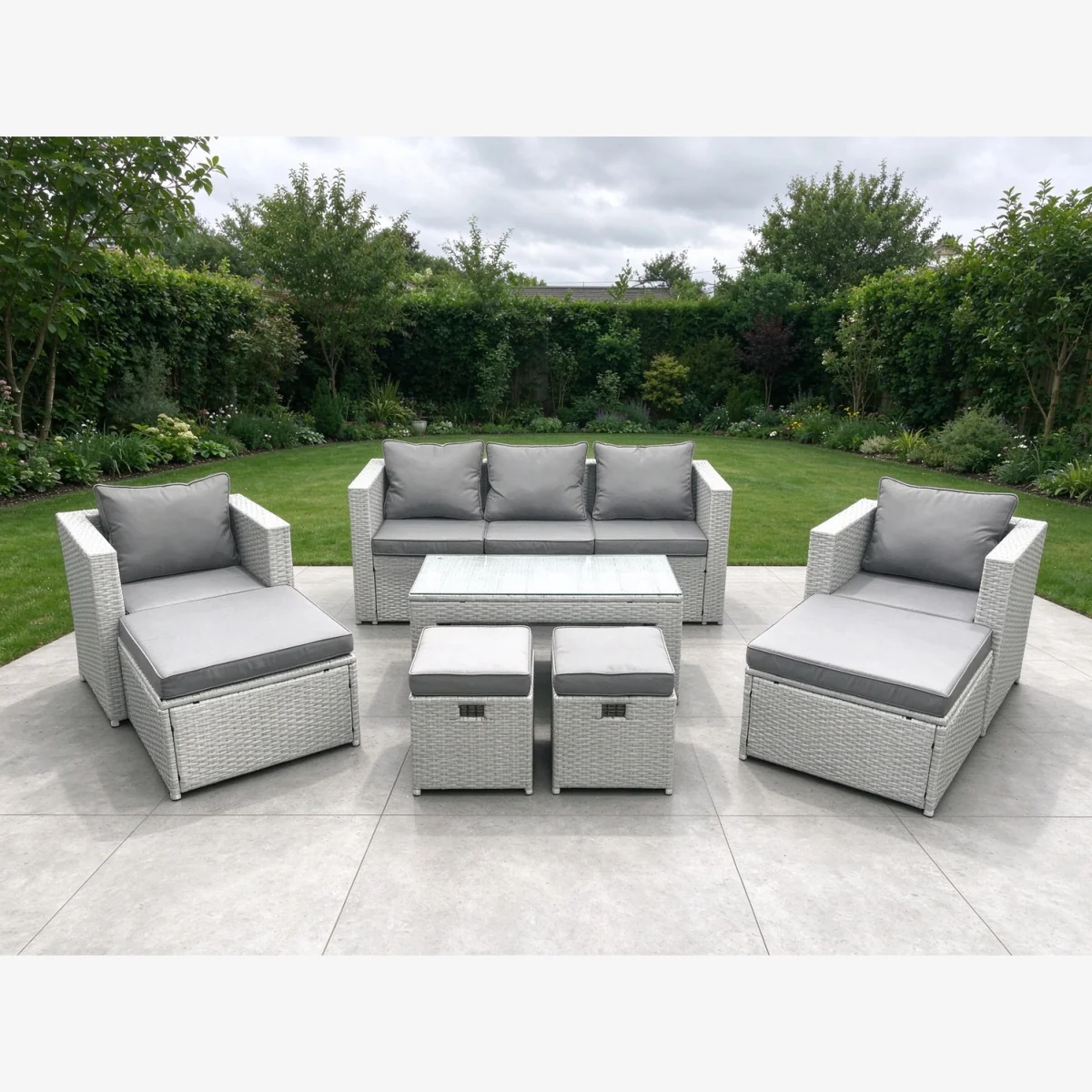 9-Seater Rattan Garden Furniture Set Outdoor Sofa with Coffee Table 4 Stools