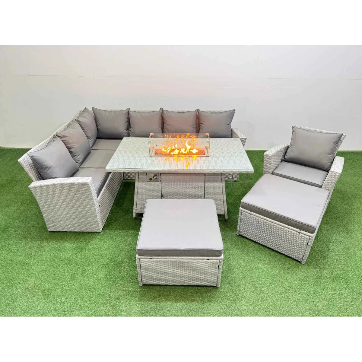Fimous Outdoor Rattan Corner Sofa and Fire Pit Dining Set with Tempered Glass. - Light Grey Mixed – image 4