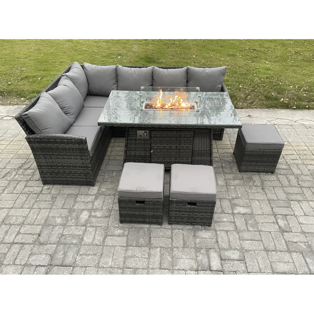 Fimous 9-Seater Rattan Garden Set with High-Back Corner Sofas and Gas Fire Pit, Dark Grey Mixed. - Dark Grey Mixed – image 5