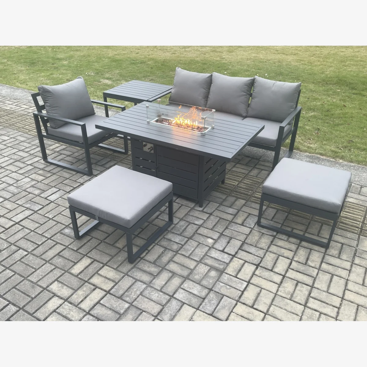 Fimous Aluminium 6-Piece Garden Sofa & Gas Fire Pit Dining Set Dark Grey - Dark Grey – image 1