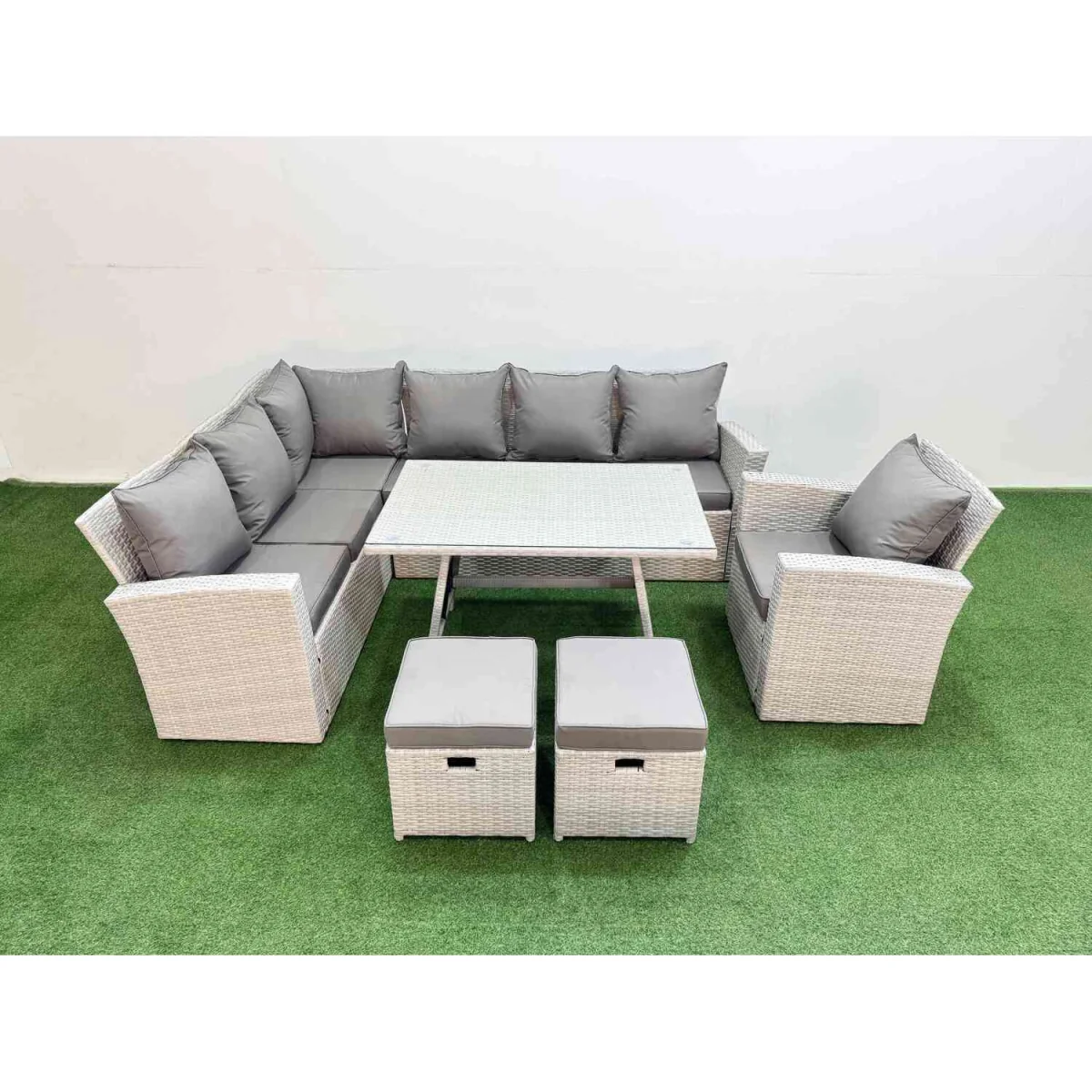 Fimous Garden Rattan Corner Sofa and Dining Set, 9-Piece Light Grey Mixed. - Light Grey Mixed – image 5