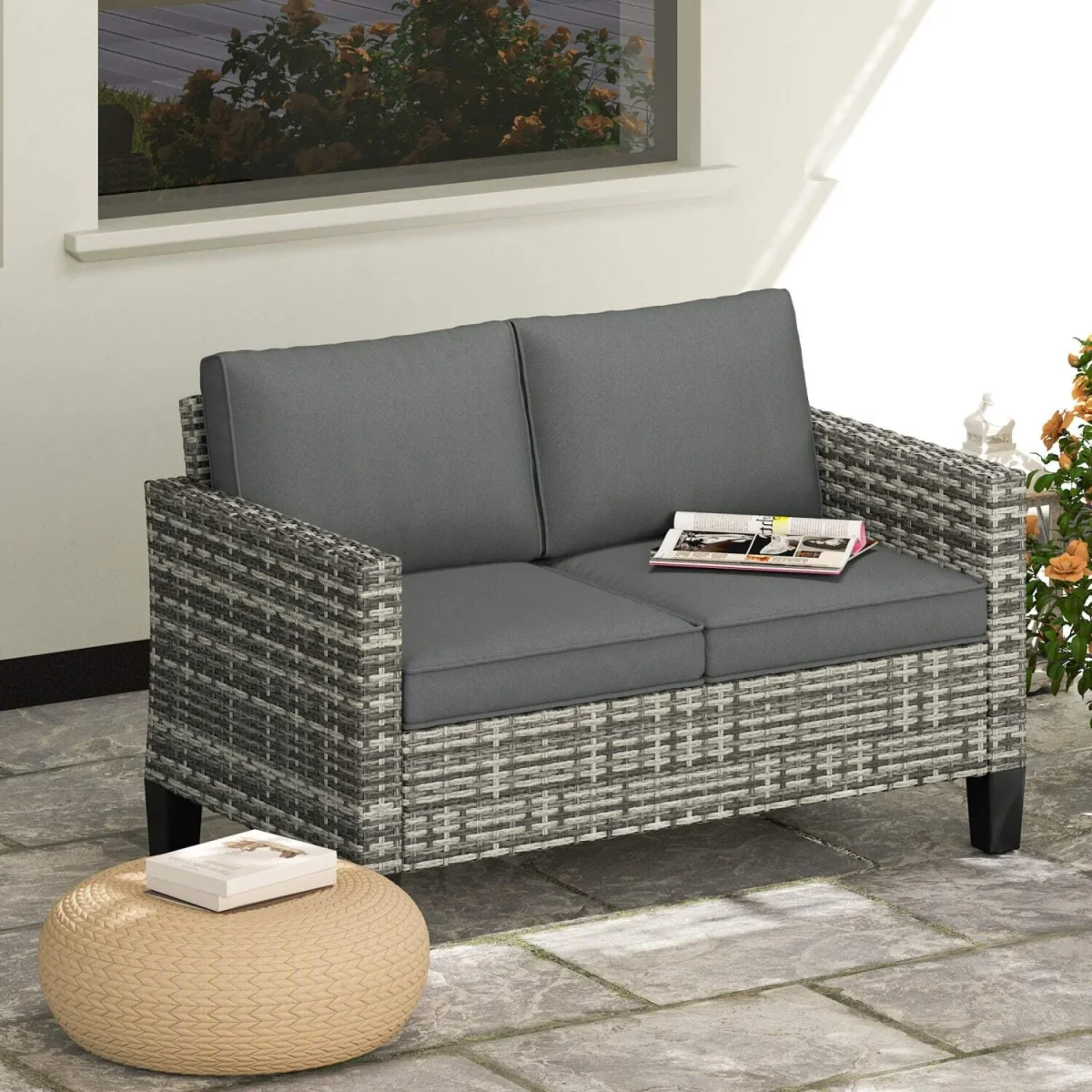 Kalazi Rattan Light Grey 2 Seater Outdoor Sofa With Cushions – image 4