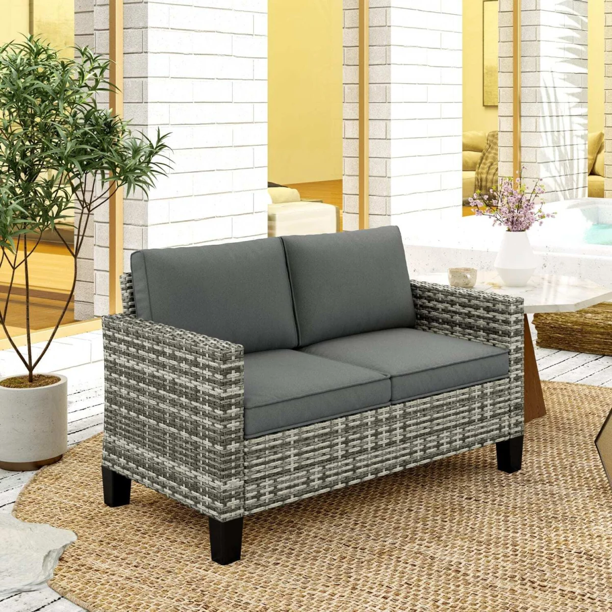 Kalazi Rattan Light Grey 2 Seater Outdoor Sofa With Cushions – image 9