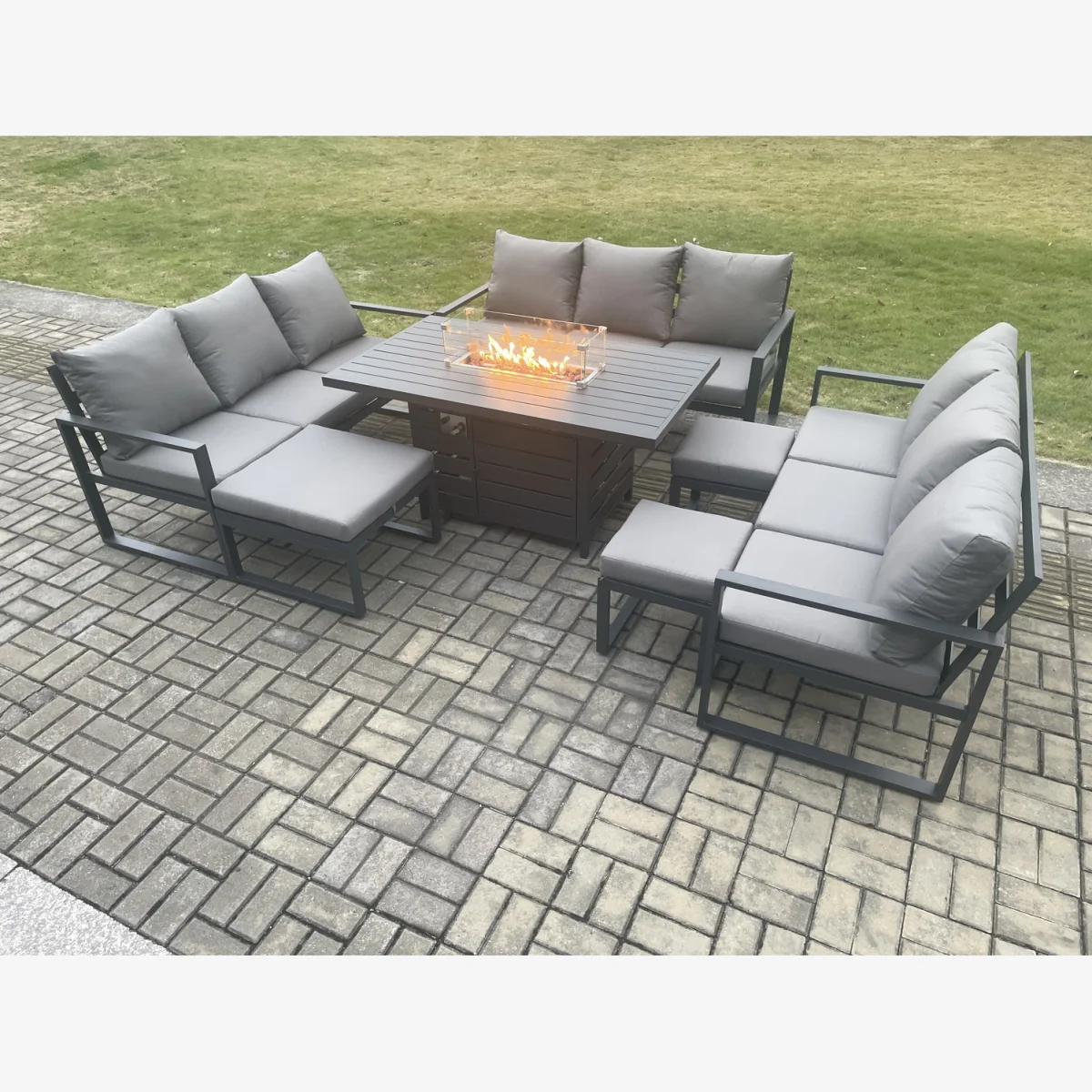 Fimous Aluminium Garden Furniture Set with Gas Fire Pit, 3x 3-Seater Sofas, Dark Grey. - Dark Grey – image 1