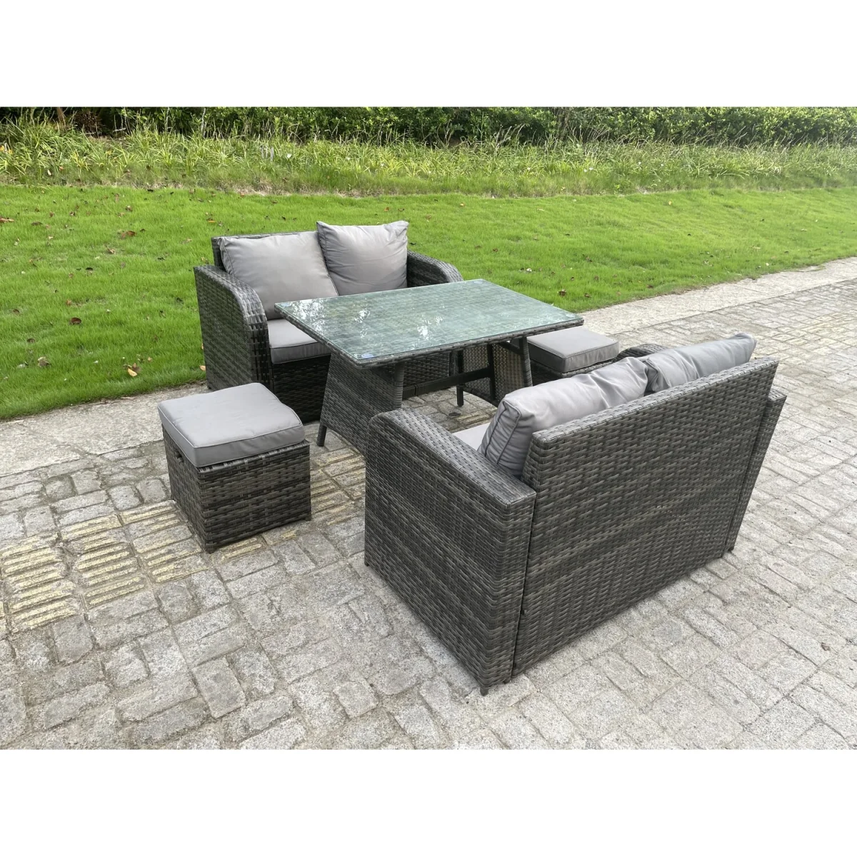 Rattan Garden Furniture Set Love Sofa Sofa Oblong Dining Table - Dark Grey Mixed – image 2