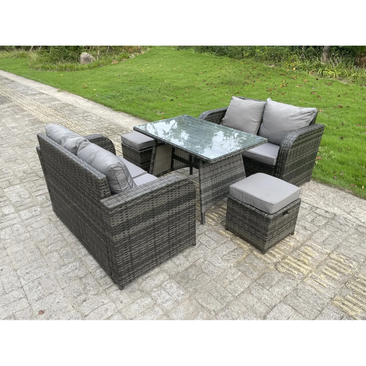 Rattan Garden Furniture Set Love Sofa Sofa Oblong Dining Table - Dark Grey Mixed – image 3