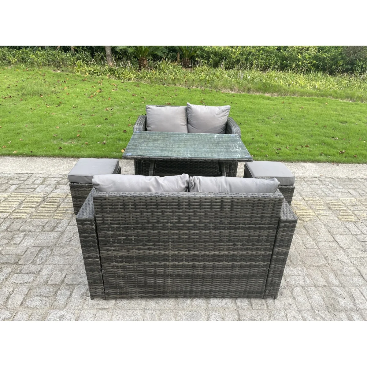 Rattan Garden Furniture Set Love Sofa Sofa Oblong Dining Table - Dark Grey Mixed – image 4